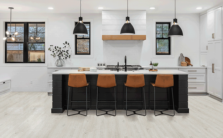 light toned laminate flooring in kitchen