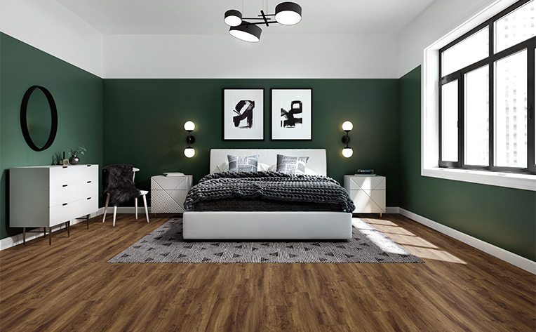 dark toned luxury vinyl flooring in bedroom