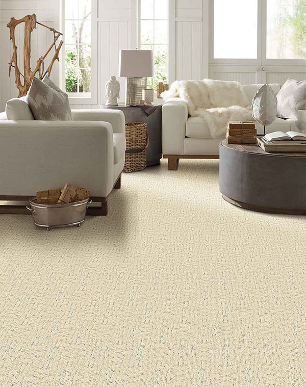 Beige carpet in white hygge styled living room  