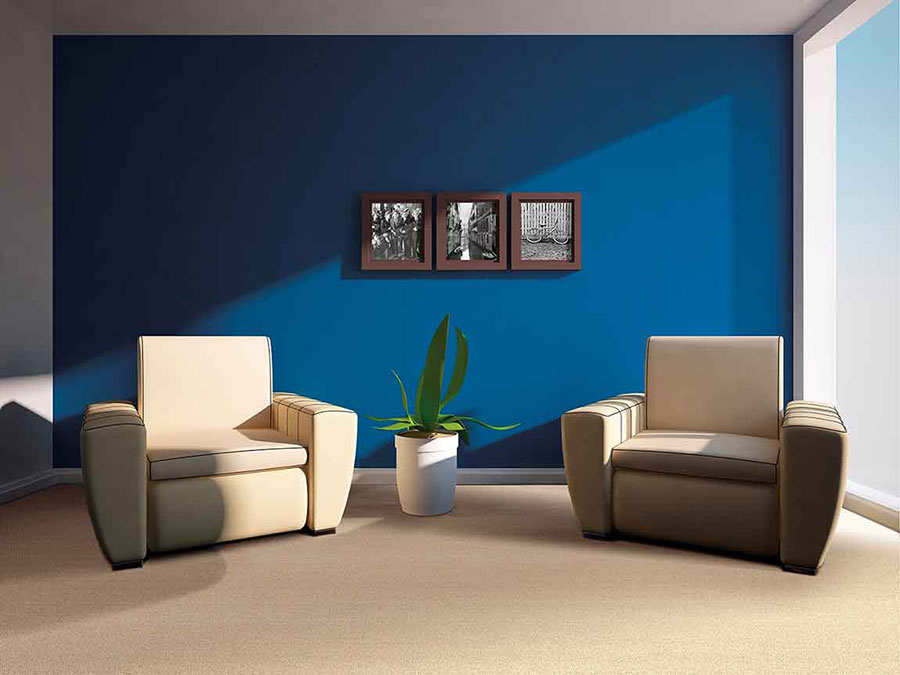 Living room with blue painted wall green house plant and two tan leather chairs on tan carpet.