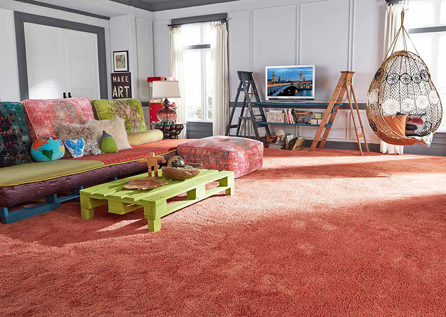  Living room with living coral carpet and complimentary colored accents