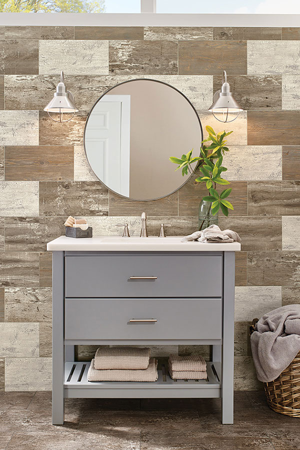 Modern bathroom vanity with tiled backsplash wall