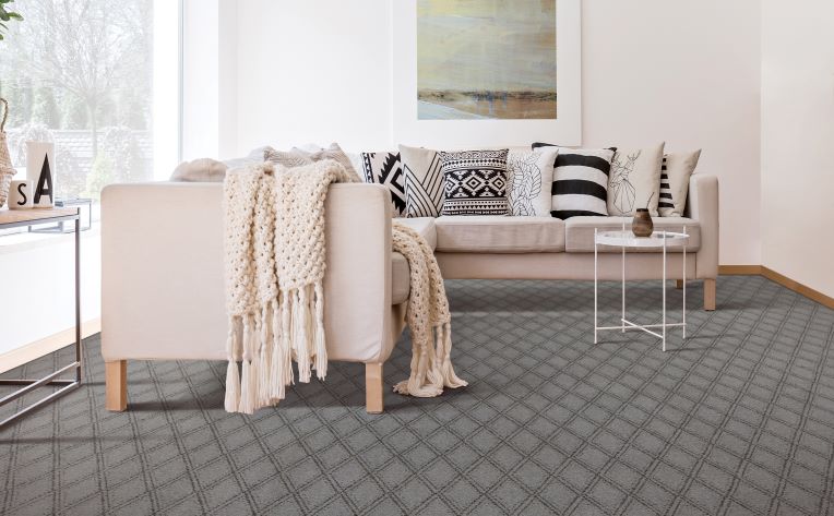 grey patterned carpet in a living room