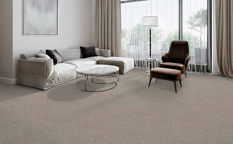 Neutral colored living room that has beige carpet.