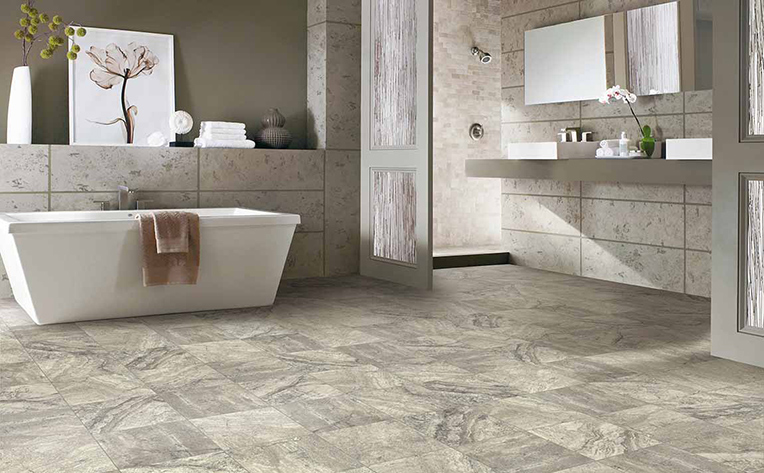 open concept bathroom with porcelain tile flooring