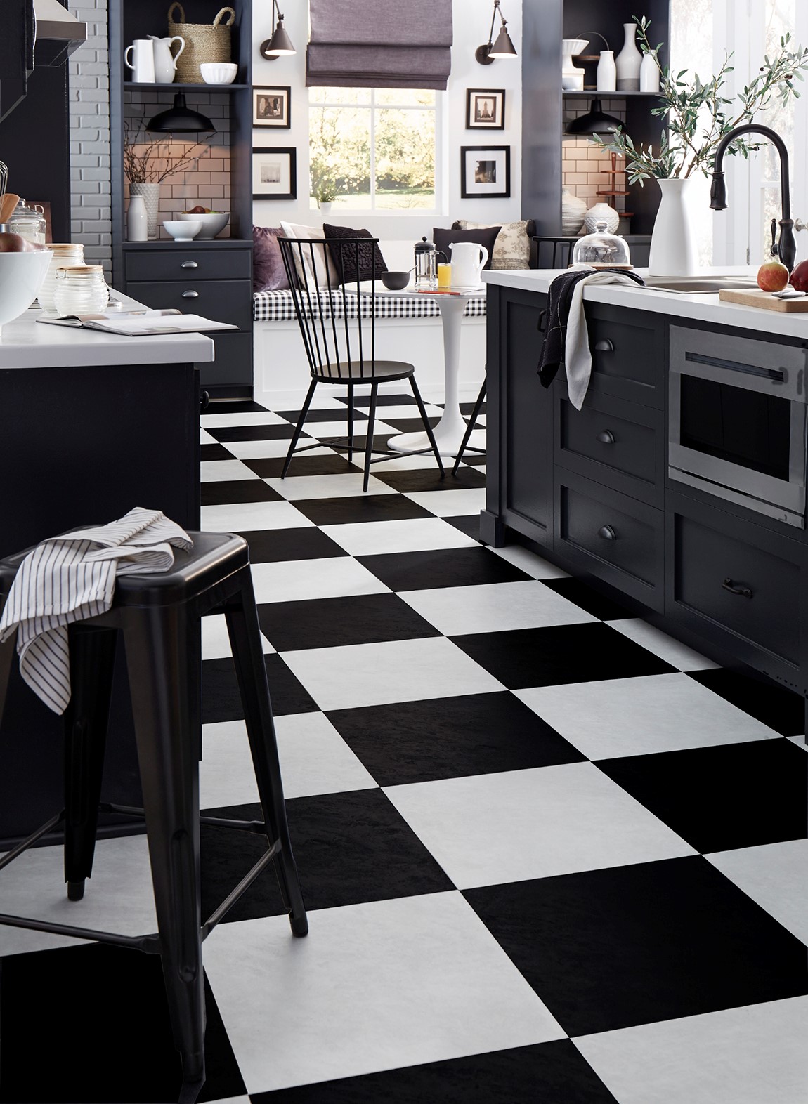 kitchen with black and white retro tiles