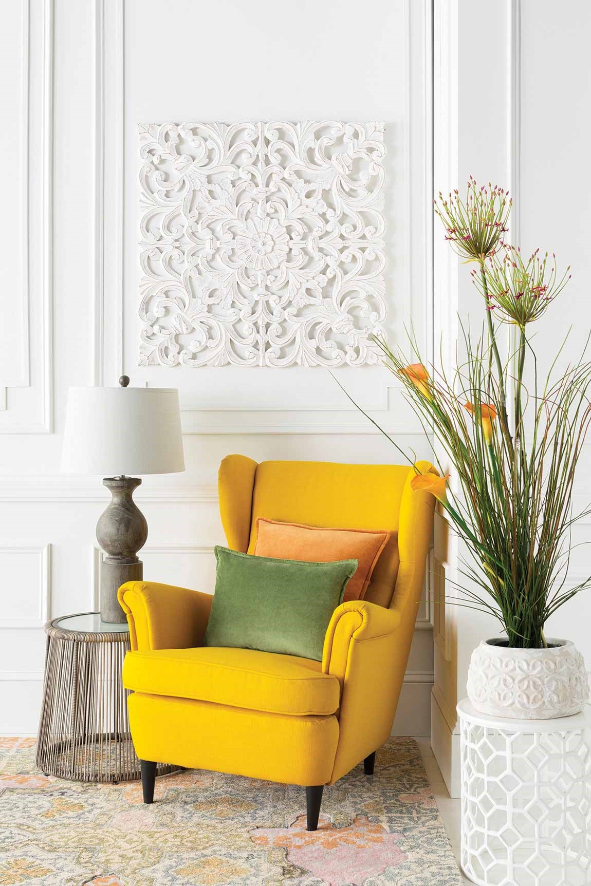 light colored room corner with yellow chair