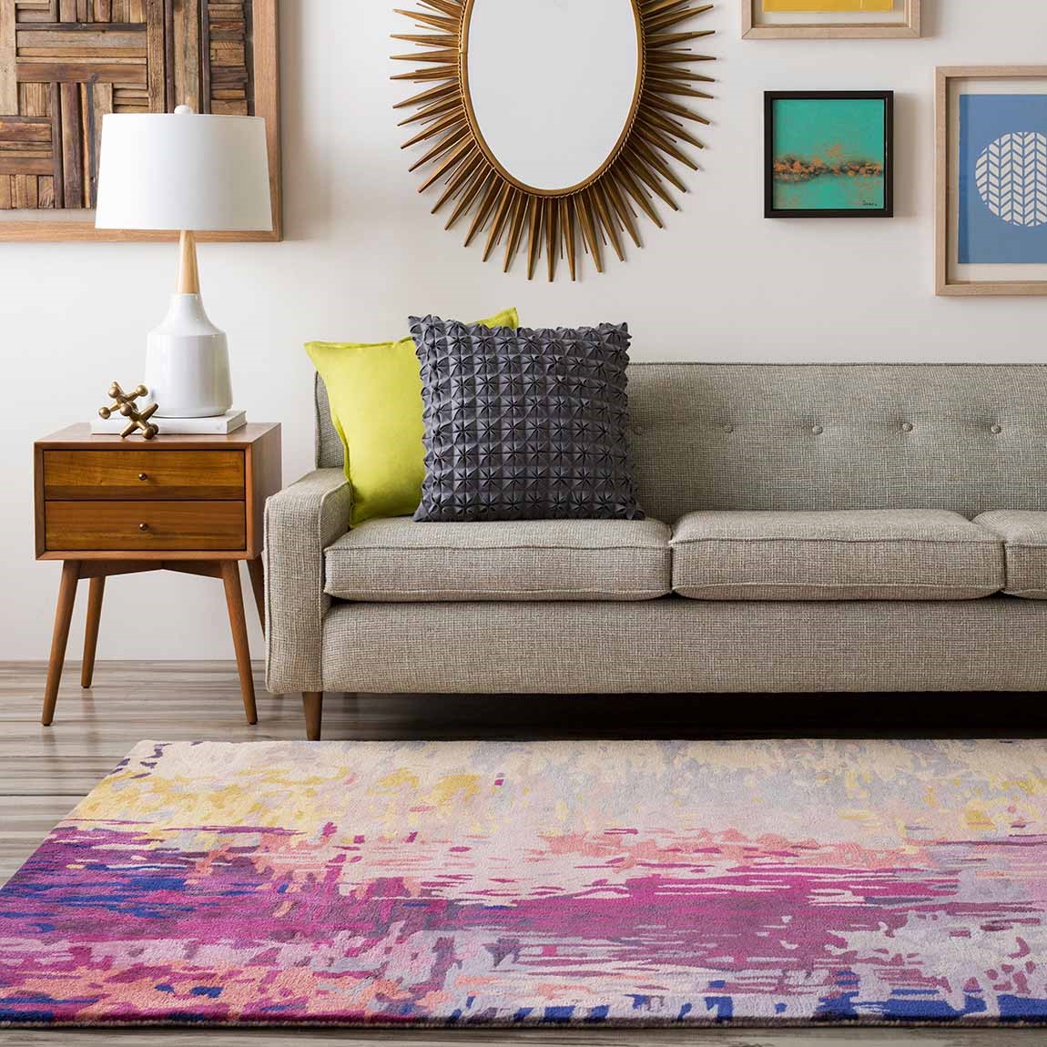 living room couch with gallery walls