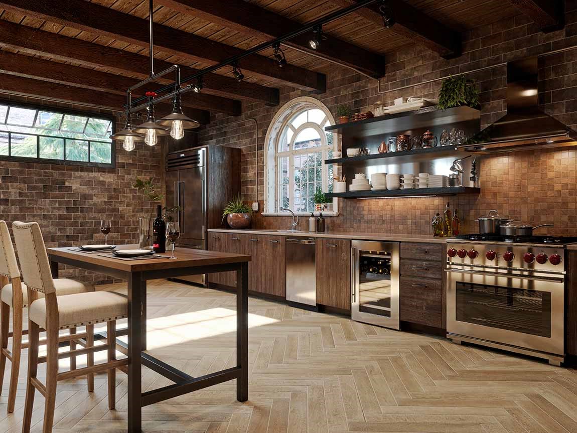 rustic style kitchen with patterned hardwood flooring