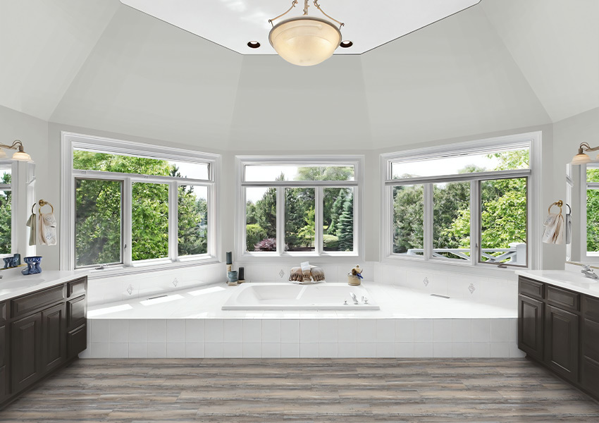 wood look luxury vinyl plank flooring in bathroom