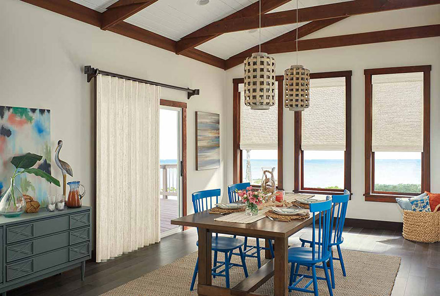 a dining room with coastal decor