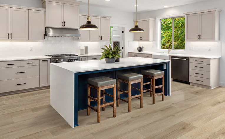 kitchen with barstools on nice light hardwood floor