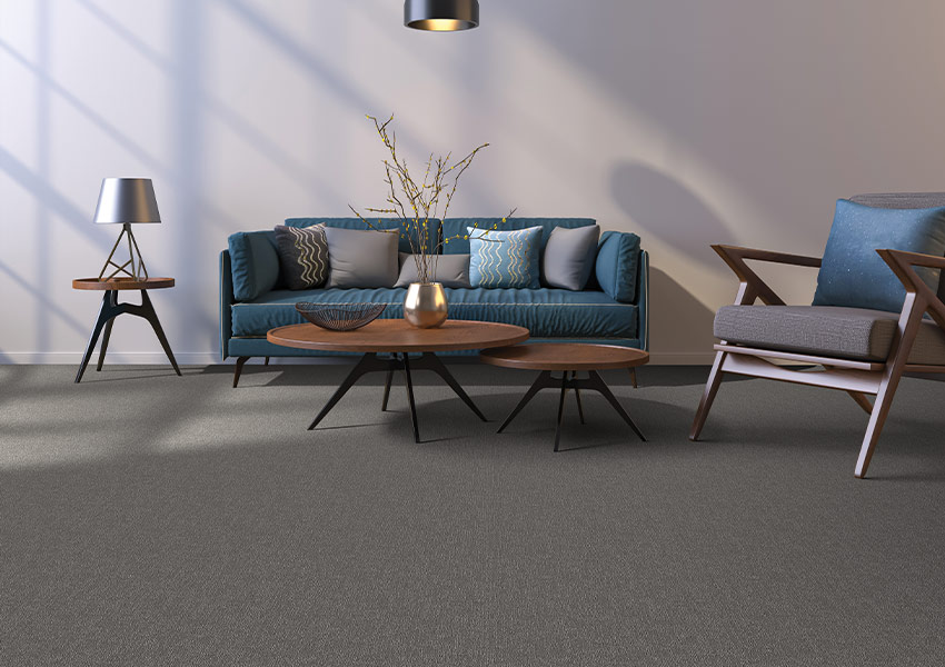 grey carpet in living room with midcentury modern decor