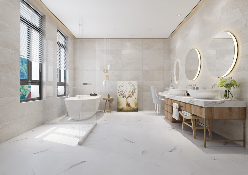 luxury vinyl flooring in bathroom with elegant decor.