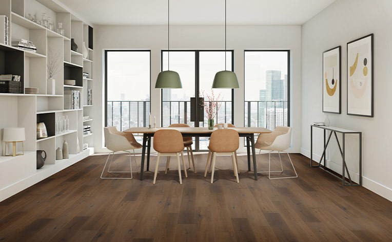 warm toned luxury vinyl plank flooring in dining room